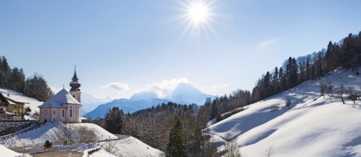 Watzmann at noon with church, Bavaria, Berchtesgaden, Germany Alps