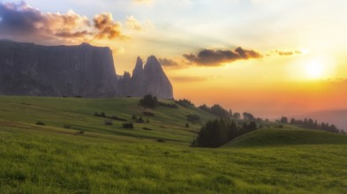 Schlern mountain with pasture at sunset, South Tyrol, Italy, Europe