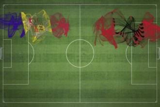 Andorra vs Albania Soccer Match, national colors, national flags, soccer field, football game,
