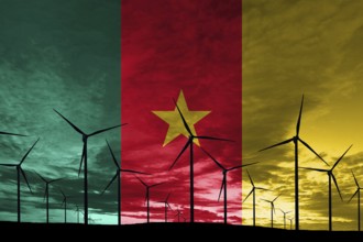 Cameroon flag wind farm at sunset, sustainable development, renewable energy Wind Turbines