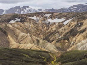 Rhyolite mountains, lava scree, Landmannalaugar, mountain peaks with snow, Fjallabak nature