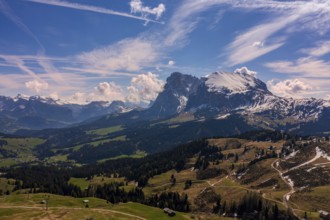 Panoramic view from the Seiser Alm to the Dolomites in Italy, drone shot