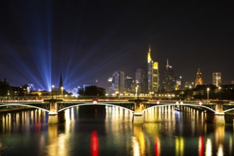 Light beams over the city of Frankfurt, Hesse, Germany, Europe