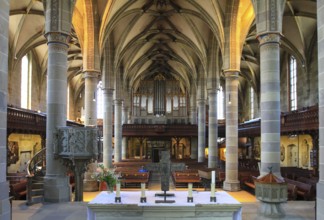 Interior of the Protestant parish church of St Michae with organ, Gothic hall church, Schwäbisch