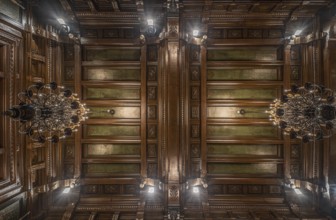 Anderlecht, Brussels Capital Region, Belgium- 02 28 2020 Decorated ceiling with wood and vintage