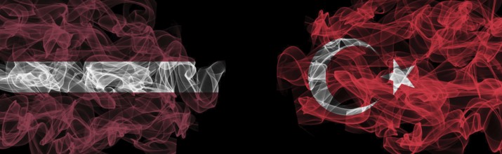 Flags of Latvia and Turkey on Black background, Latvia vs Turkey Smoke Flags