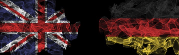 Flags of Union Jack and Germany on Black background, Union Jack vs Germany Smoke Flags