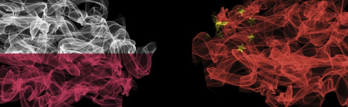 Flags of Poland and China on Black background, Poland vs China Smoke Flags