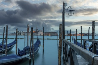 Moored Gondolas during High Tide at the St Marks Square in the Early Evening, Venice, Italy, Europe