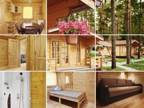 Collage from photos: house in the wood and it interior's
