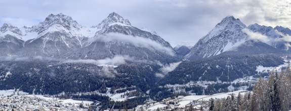 Panorama, view over the ski area from Motta Naluns over Sccuol towards Val S-charl, Engadin,