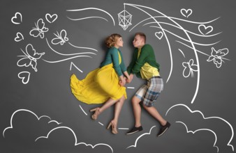 Happy valentines love story concept of a romantic couple sitting on the moon, holding hands and