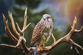 Portrait of Common Kestrel (Falco Tinnunculus) Perching on the Horns of Deer Obermaiselstein,
