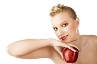 Beauty woman with red apple in the hand