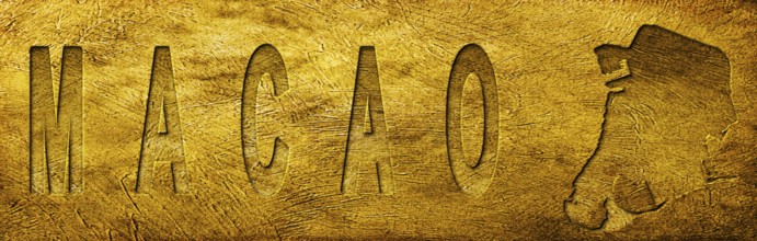 Macao Map and Text on Grunge Gold Texture
