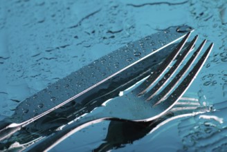 Fork and knife under the blue water