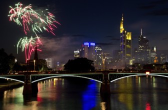 Fireworks over Frankfurt am Main skyscrapers in the background, Germany, Europe