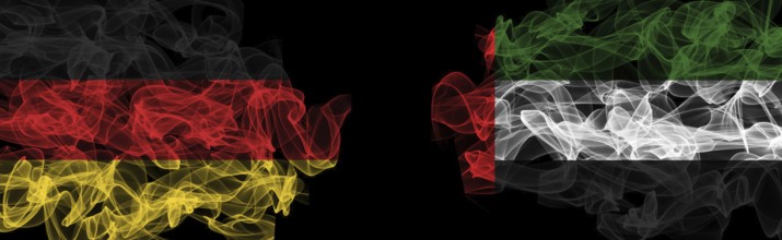 Flags of Germany and UAE on Black background, Germany vs United Arab Emirates Smoke Flags