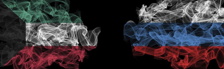 Flags of Kuwait and Russia on Black background, Kuwait vs Russia Smoke Flags