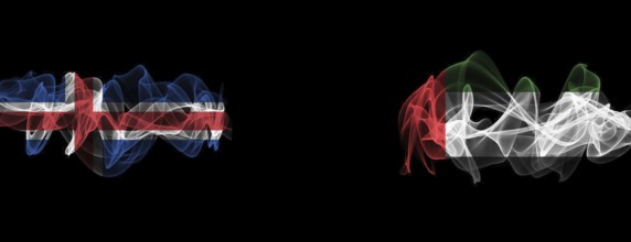 Flags of Iceland and UAE on Black background, Iceland vs United Arab Emirates Smoke Flags