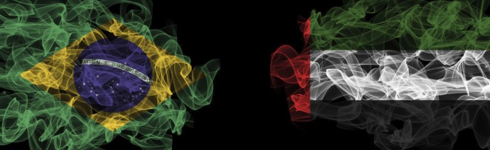 Flags of Brazil and UAE on Black background, Brazil vs United Arab Emirates Smoke Flags