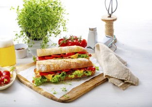 Crispy baguette with bacon, tomatoes and cheese