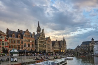 Ghent Belgium, city skyline at St Michael's Bridge (Sint-Michielsbrug) with Leie River and Korenlei