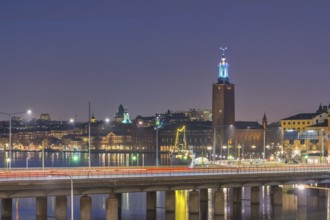 Stockholm Sweden, night city skyline at Stockholm City Hall and Gamla Stan