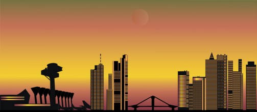 Frankfurt germany city skyline with airport and planes and the bridge and architecture during