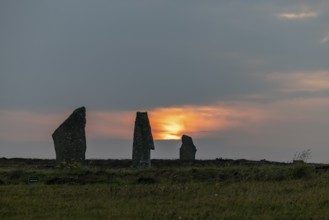 Sunset, Ring of Brodgar, stone circle and moat, Neolithic monument, UNESCO World Heritage Site,