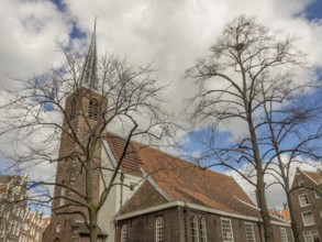 Church with high tower and bare trees against a cloudy sky in Amsterdam, Amsterdam, Netherlands