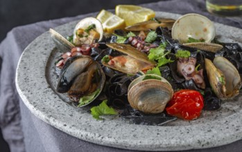 Food, Seafood black fettuccine fehttuchini. Black pasta with squids, octopus clams, mussels on