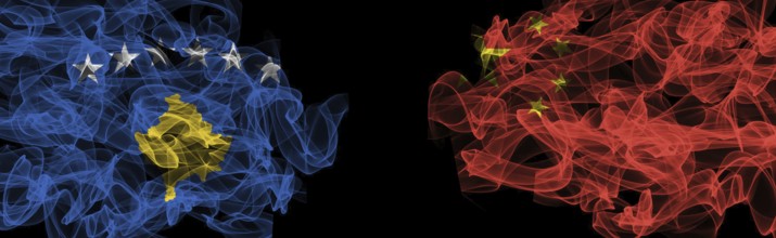 Flags of Kosovo and China on Black background, Kosovo vs China Smoke Flags