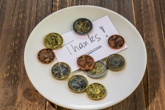 A plate with coins for tips or toilet charges. In English language Austria