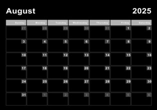 August 2025 calendar, week start Sunday, modern design
