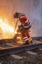 Construction worker grinding rails in a tunnel, sparks flying, rail welding, track construction