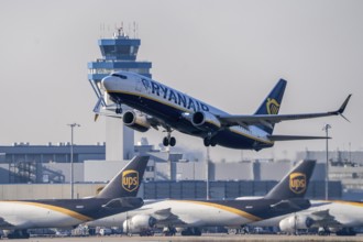 Ryanair Boeing 737 on take-off, air cargo centre, air traffic control tower, Cologne-Bonn Airport,