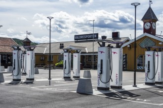 Valdresporten gas and charging station, multiple electric charging stations, Valdres, Norway,