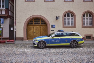 Police car, Wolfach police station, car park for emergency vehicles, entrance, historic building,