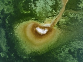 Aerial view, top down view of a shoal due to low water, drought, danger to shipping traffic, on the