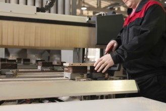 Side view of crop unrecognizable worker processing piece of plywood during manufacturing process at