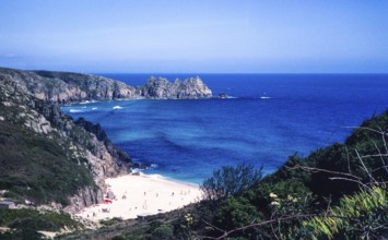 Sandy bay on Porthcurno beach, Cornwall, England, UK 1982