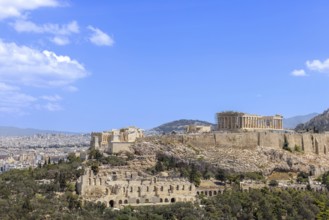 Ancient landmark citadel Acropolis of Athens seen from the Hill of the Muses, Philopappos Hill