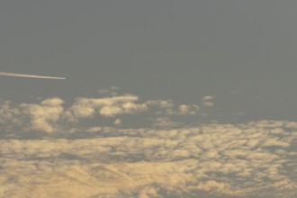 Stratocumulus white clouds in a blue sky with a jet aircraft with a vapor trail or contrail flying