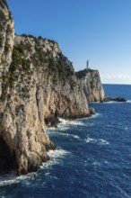 Blue sea at the Lighthouse or Cape Ducato Lefkas in the southern part of the Greek island of