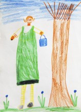 Naive illustration, children's drawing, girl standing on a flower meadow next to a tree