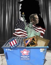 Symbolic image, Constitution, Justice, Statue of Liberty worthless, Trump and Musk world division,