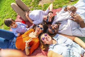 Group of cheerful multi ethnic friends enjoying a sunny day at the park taking a selfie while lying
