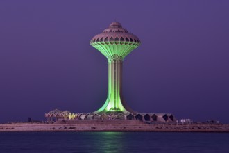 Illuminated water tower on the Corniche, blue hour, blue hour, Al Khobar, Ash Sharqiyah province,