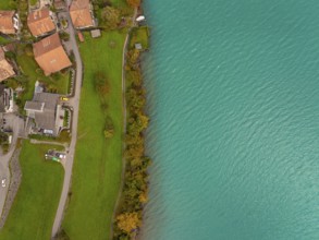 Aerial view of a lakeshore with green water, village and buildings along, Lake Brienz. Switzerland